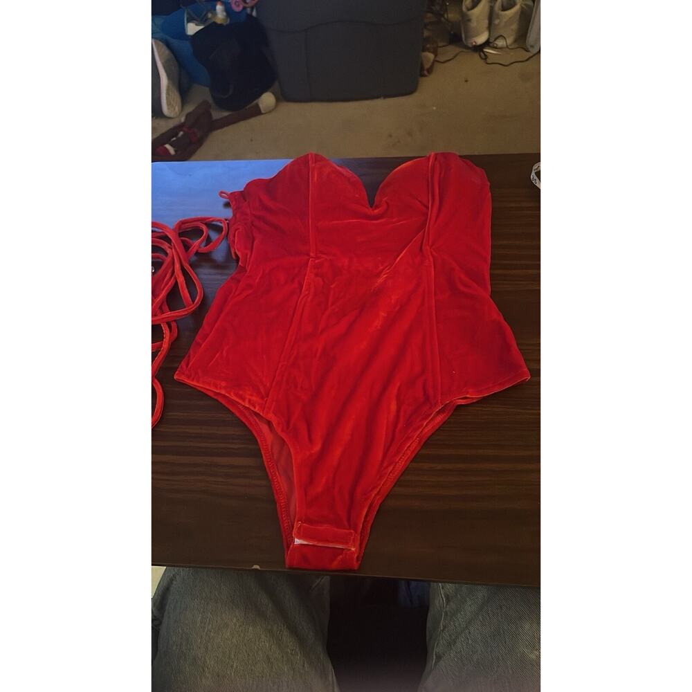 Clothink Dark Red Velvet Body Suit Size Medium ,Low Plunge Front,Lace Up Back